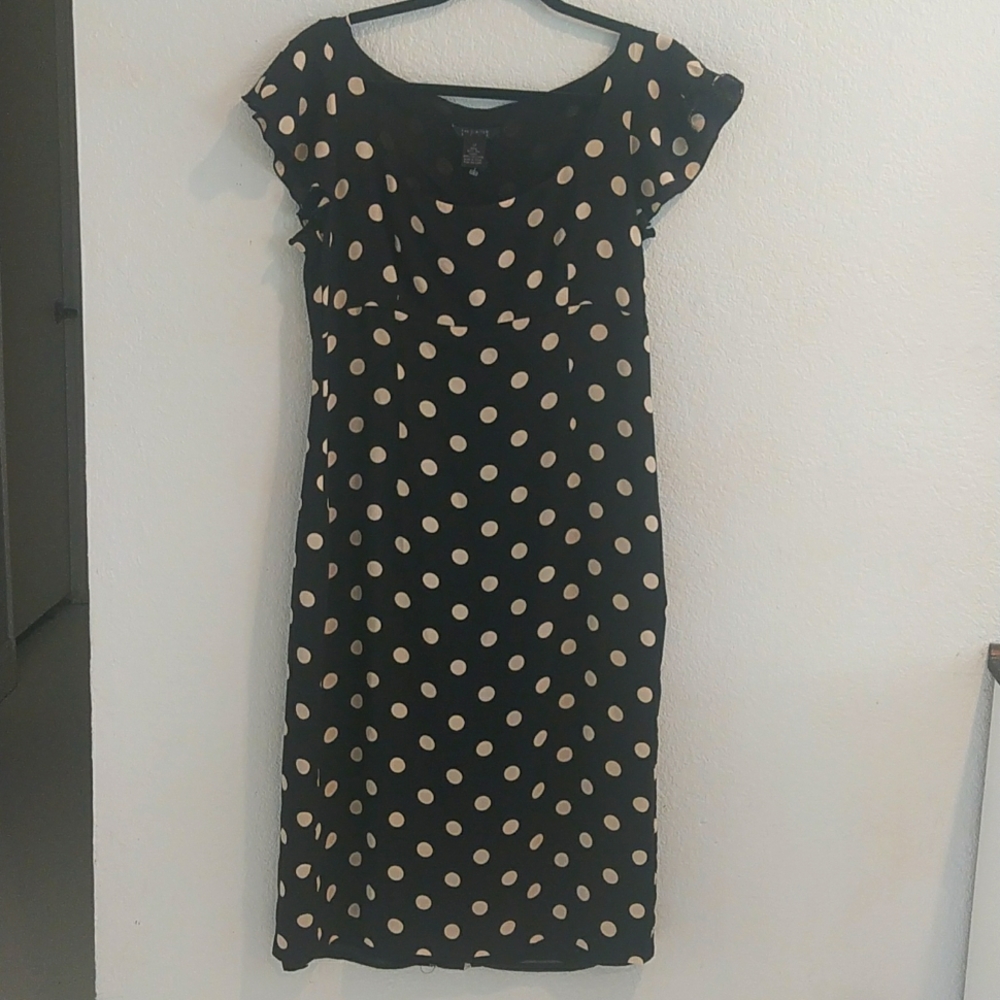 The Limited Silk Polka Dot Shin-Length, Ruffled Cap Sleeve Dress, sz 12